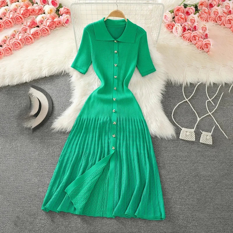 Laxsesu Summer 2024 New Women's Green Single Breasted Knitted Long Dress Elegant Office Lady Short Sleeve Pleated Dress Chic