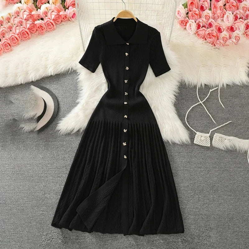 Laxsesu Summer 2024 New Women's Green Single Breasted Knitted Long Dress Elegant Office Lady Short Sleeve Pleated Dress Chic