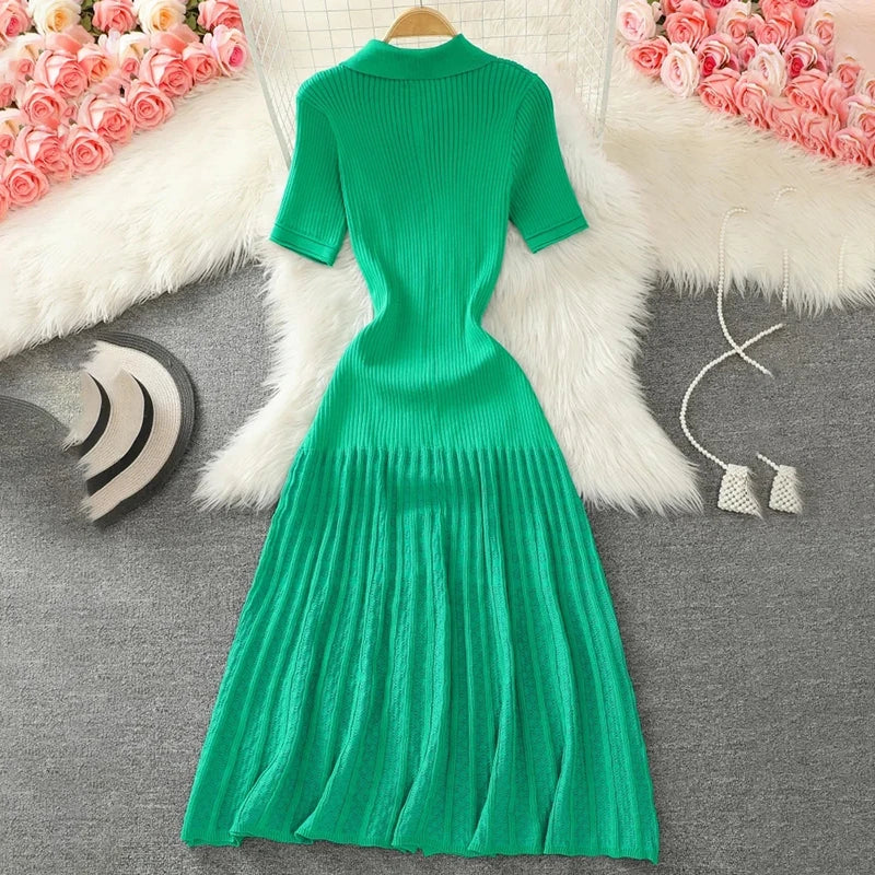 Laxsesu Summer 2024 New Women's Green Single Breasted Knitted Long Dress Elegant Office Lady Short Sleeve Pleated Dress Chic
