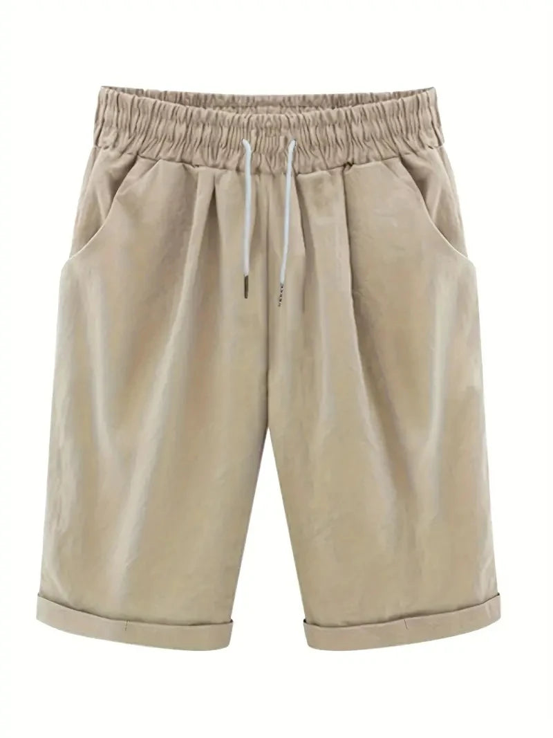 Plus Size High Rise Drawstring Shorts, Women's Plus SlightStretch Solid Casual Shorts With Pocket