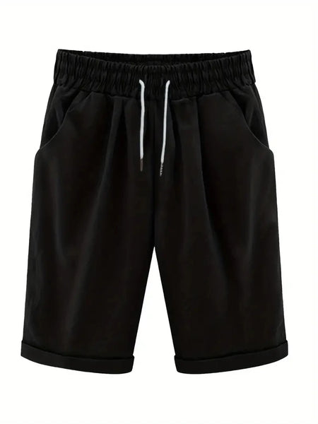Plus Size High Rise Drawstring Shorts, Women's Plus SlightStretch Solid Casual Shorts With Pocket