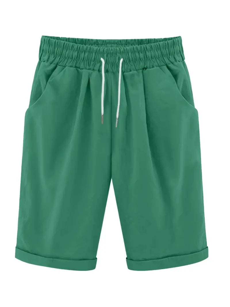 Plus Size High Rise Drawstring Shorts, Women's Plus SlightStretch Solid Casual Shorts With Pocket