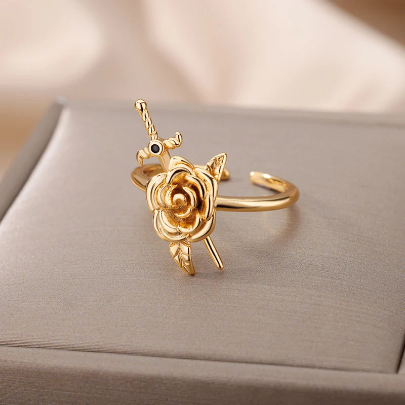 Vintage Rose Flower Sword Pendants Rings For Women Stainless Steel Romantic Flower Finger Couple Ring Wedding Jewelry Gift 2025