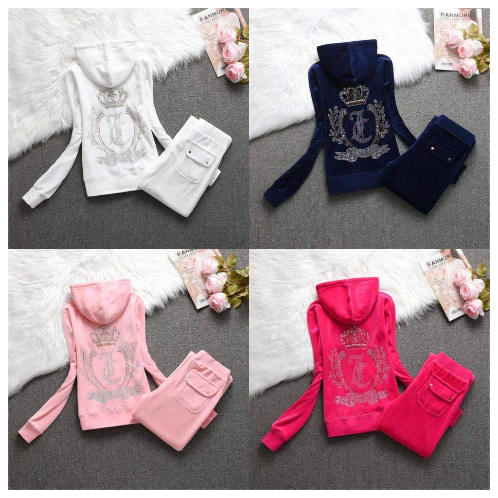 Velvet Tracksuit Women Casual Women Velvet Tracksuit Original Suit Women Outdoor sports hooded sweatshir Suit Diamond Juicy 2pc
