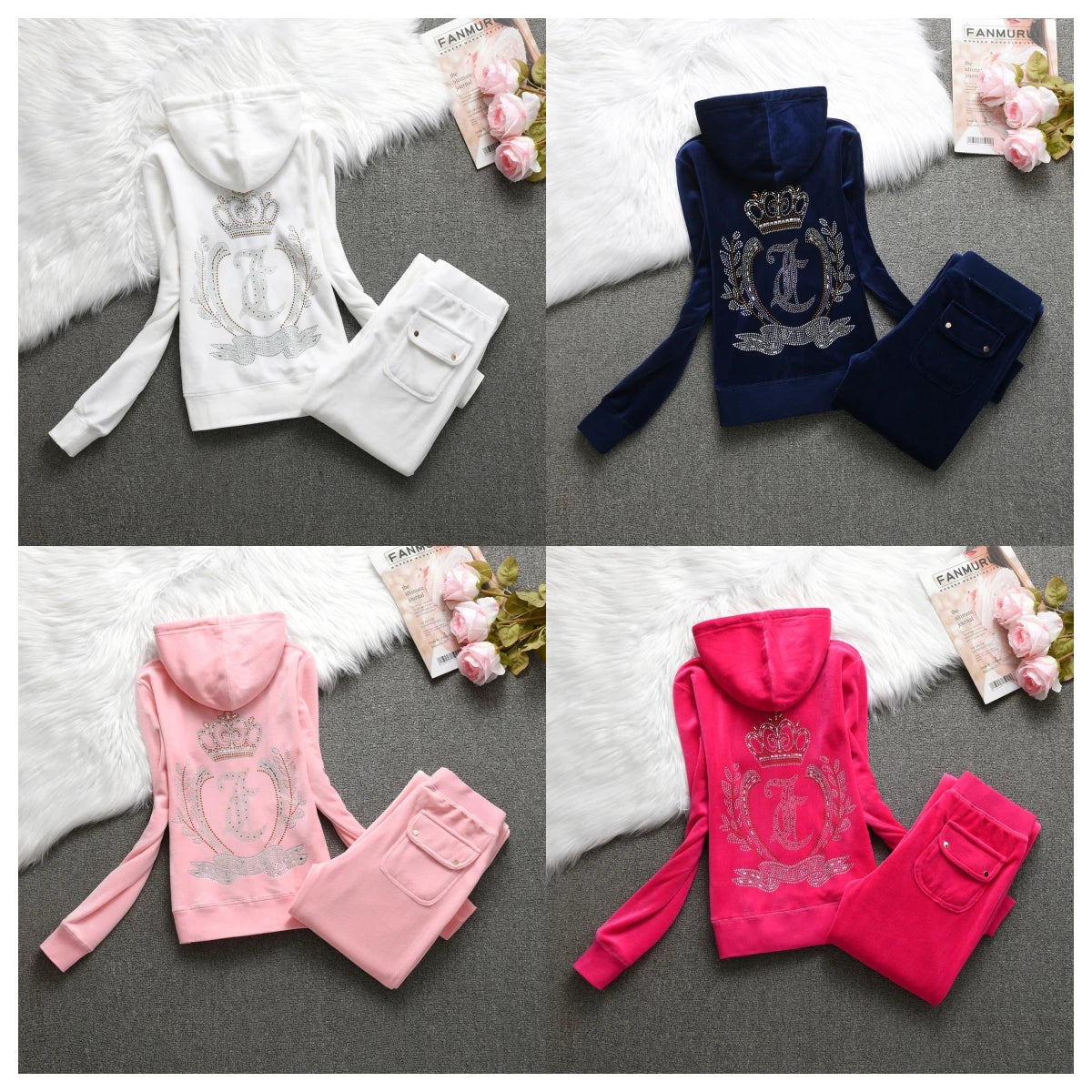 Velvet Tracksuit Women Casual Women Velvet Tracksuit Original Suit Women Outdoor sports hooded sweatshir Suit Diamond Juicy 2pc