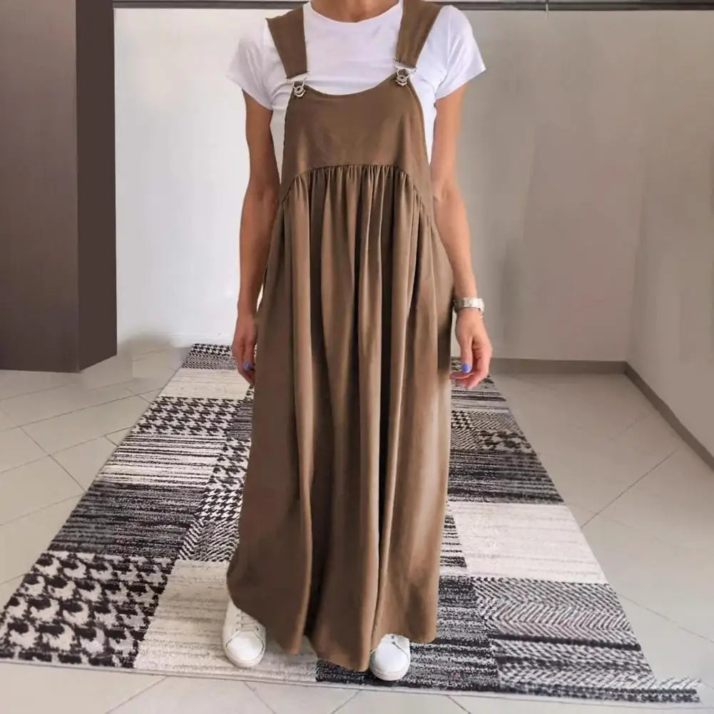 Oversized Shoulder Strap Design Dress Pleated Detail Long Dress Elegant Maxi Dress with Oversized Collar Backless for Women