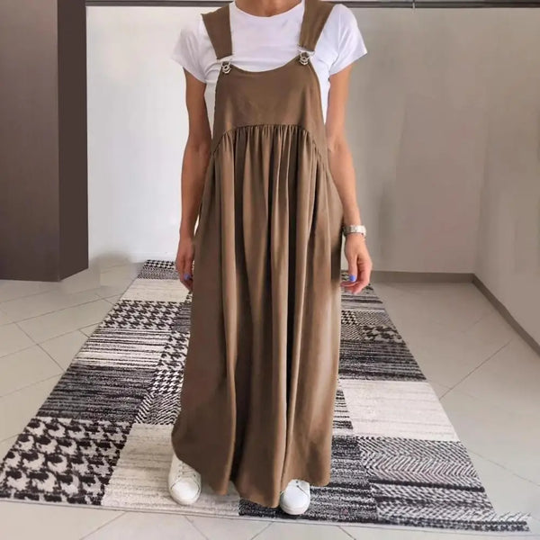 Oversized Shoulder Strap Design Dress Pleated Detail Long Dress Elegant Maxi Dress with Oversized Collar Backless for Women