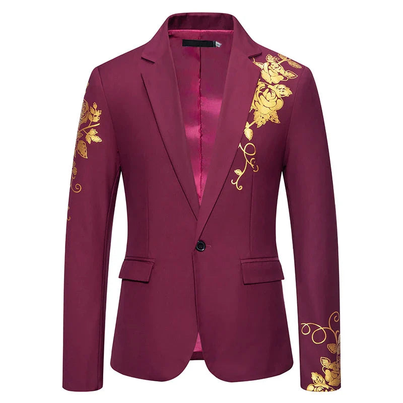 Blazer Men's Fashion Business Gentleman Business Paisley Gold Stamping Print English Style Wedding Casual Hosting Banquet Suit, Color - black