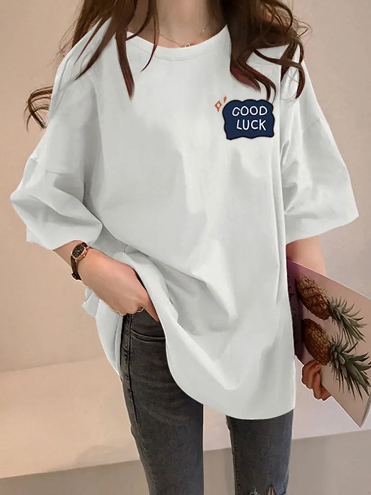 Loose Women's Mid-Length Half-Sleeve T-Shirt Student Sle Summer New Fashion Versatile Korean round Neck Print Casual Top