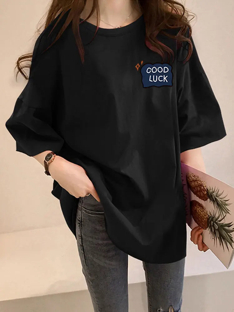 Loose Women's Mid-Length Half-Sleeve T-Shirt Student Sle Summer New Fashion Versatile Korean round Neck Print Casual Top