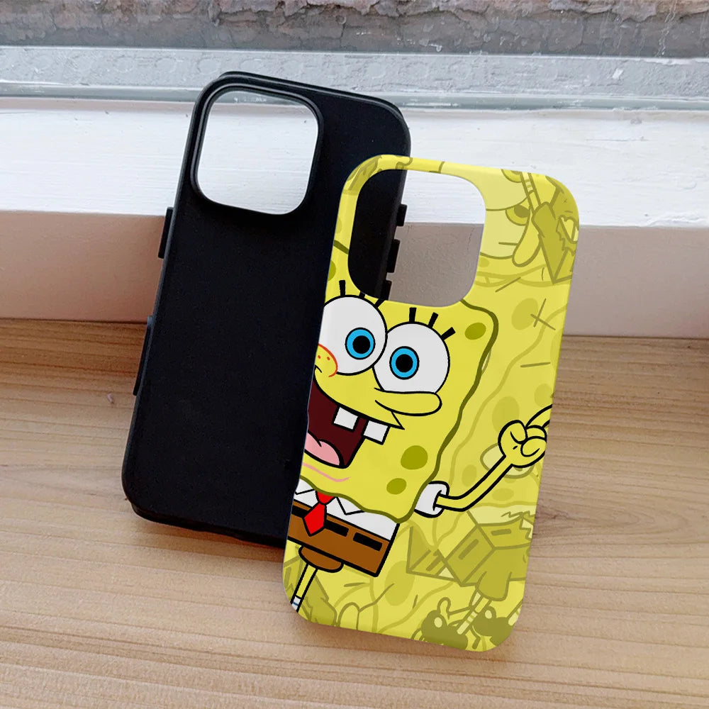 Funny Cute S-SpongeBobs Phone Case for iPhone 16 15 14 13 12 11 Pro Max Plus Luxury Magnetic Double-layer Back Cover