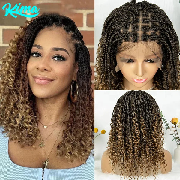 Kima Short Bohemian Box Braids Braided Wig Full Lace Boho Braided Wigs Synthetic Curly Hair with Baby Hair for Black Women, Color - 1B27