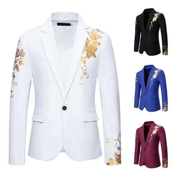 Blazer Men's Fashion Business Gentleman Business Paisley Gold Stamping Print English Style Wedding Casual Hosting Banquet Suit, Color - WHITE