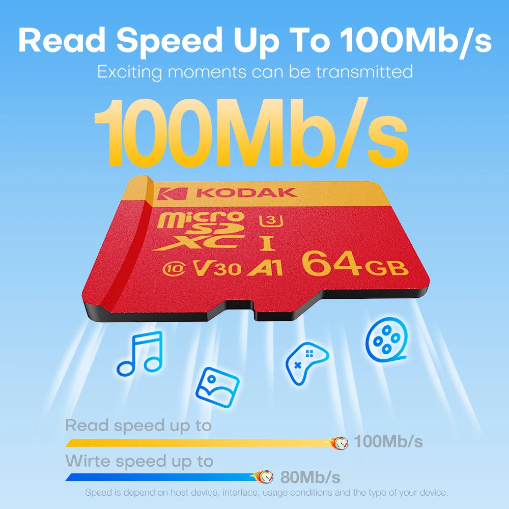 KODAK Micro SD Card Memory Card Class 10 256GB 128GB 64GB U3 4K High Speed Cartao De Memoria TF Mecard C10 Flash Memory