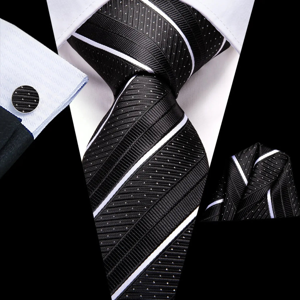 Hi-Tie Striped Black Red Gold Green Silk Wedding Tie For Men Handky Cufflink Gift Men Necktie Fashion Designer Business Party