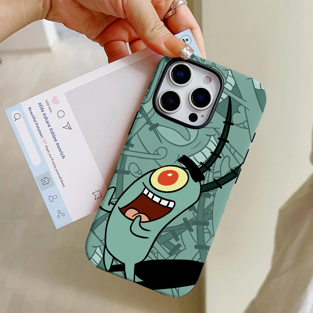 Funny Cute S-SpongeBobs Phone Case for iPhone 16 15 14 13 12 11 Pro Max Plus Luxury Magnetic Double-layer Back Cover