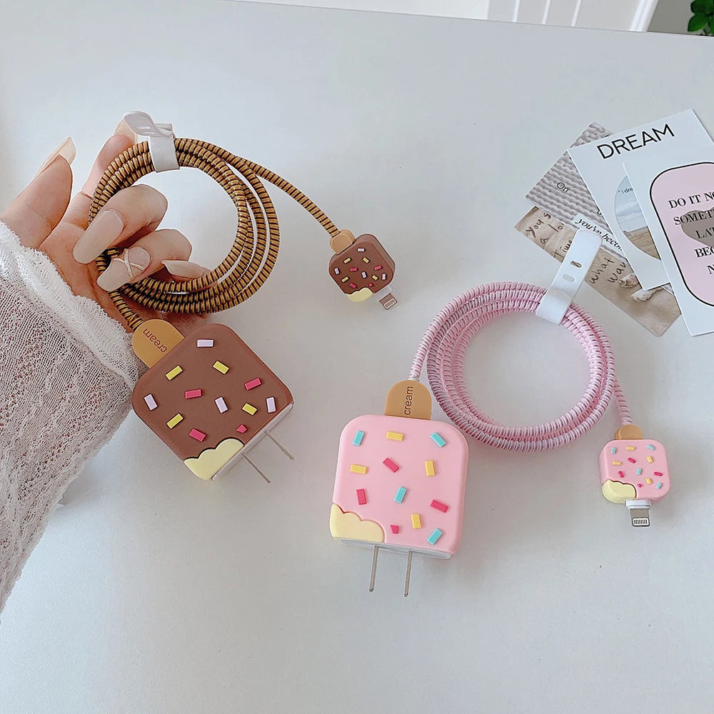 Cartoon IPhone Charger Protector Case 18W20W EU US Charger Cover Anti Break Scratch Proof Charger Cable Spiral Winder for iPhone