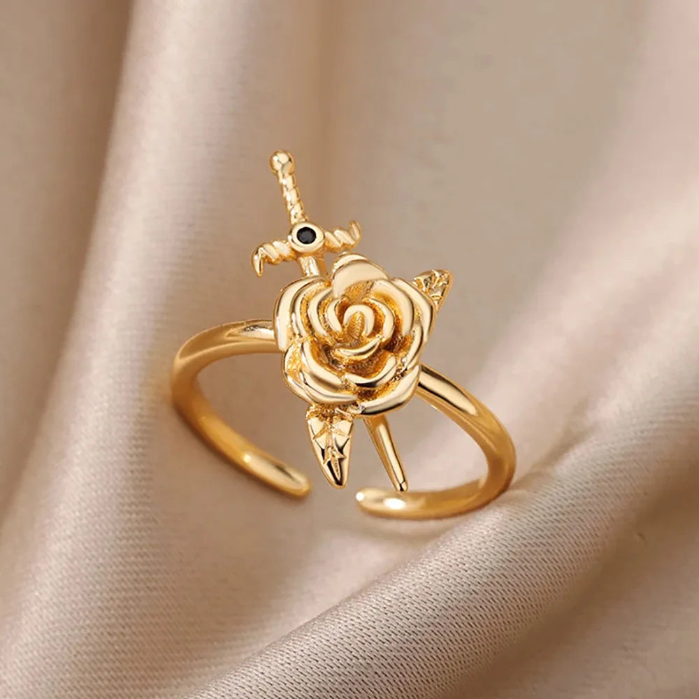 Vintage Rose Flower Sword Pendants Rings For Women Stainless Steel Romantic Flower Finger Couple Ring Wedding Jewelry Gift 2025