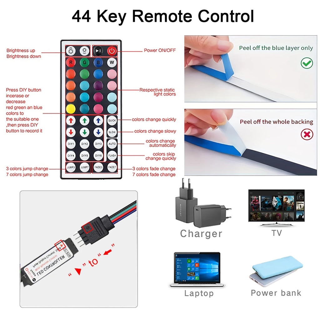 10m 20m Led Strip Lights with 44 Key Remote Control RGB Tape Led Wall Room for Home Bedroom Party Decor TV Backlight