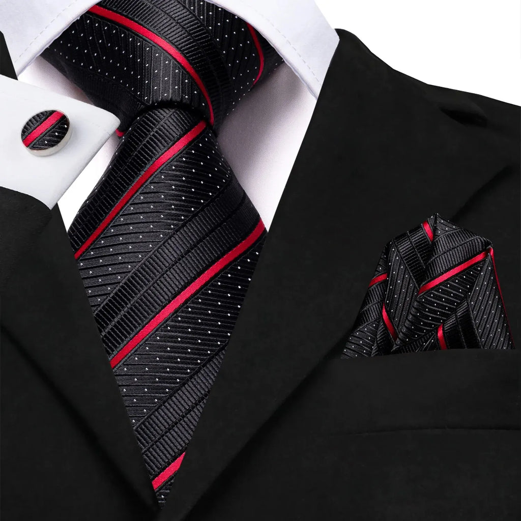 Hi-Tie Striped Black Red Gold Green Silk Wedding Tie For Men Handky Cufflink Gift Men Necktie Fashion Designer Business Party