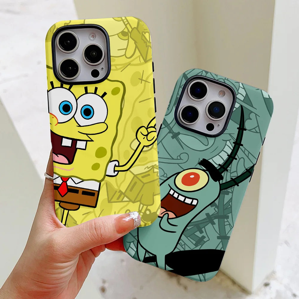 Funny Cute S-SpongeBobs Phone Case for iPhone 16 15 14 13 12 11 Pro Max Plus Luxury Magnetic Double-layer Back Cover