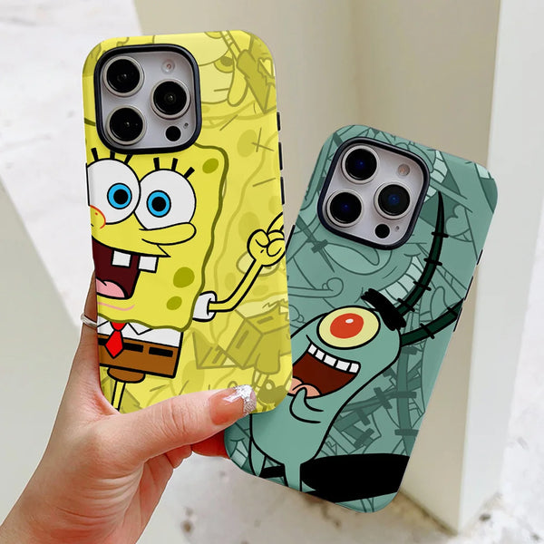 Funny Cute S-SpongeBobs Phone Case for iPhone 16 15 14 13 12 11 Pro Max Plus Luxury Magnetic Double-layer Back Cover