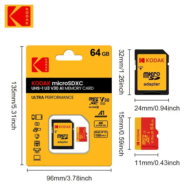 KODAK Micro SD Card Memory Card Class 10 256GB 128GB 64GB U3 4K High Speed Cartao De Memoria TF Mecard C10 Flash Memory