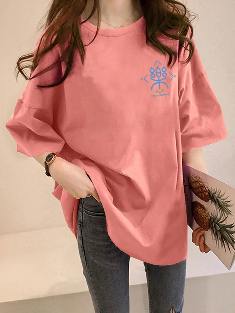 Loose Women's Mid-Length Half-Sleeve T-Shirt Student Sle Summer New Fashion Versatile Korean round Neck Print Casual Top