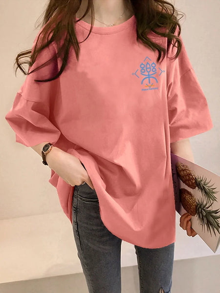Loose Women's Mid-Length Half-Sleeve T-Shirt Student Sle Summer New Fashion Versatile Korean round Neck Print Casual Top