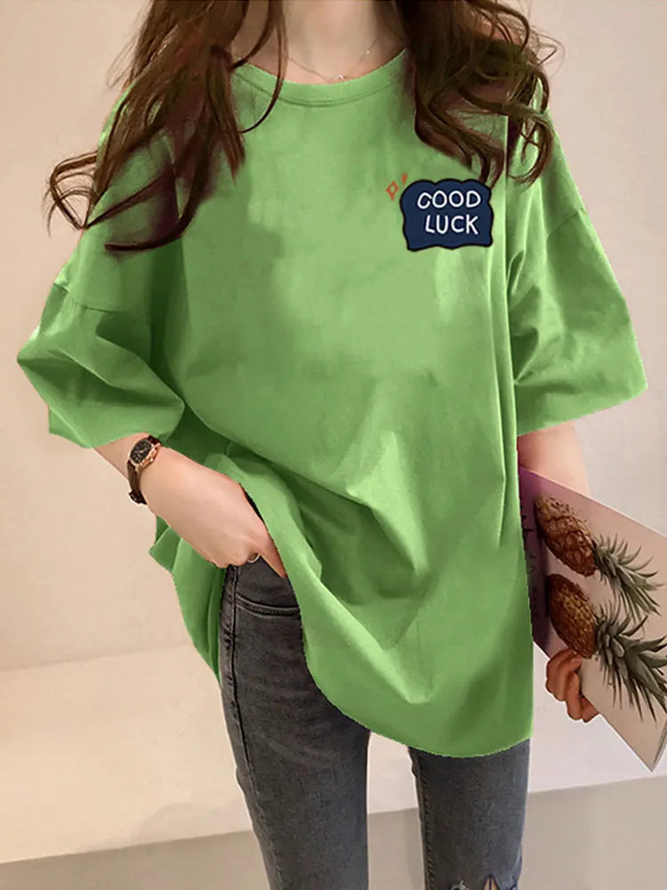 Loose Women's Mid-Length Half-Sleeve T-Shirt Student Sle Summer New Fashion Versatile Korean round Neck Print Casual Top