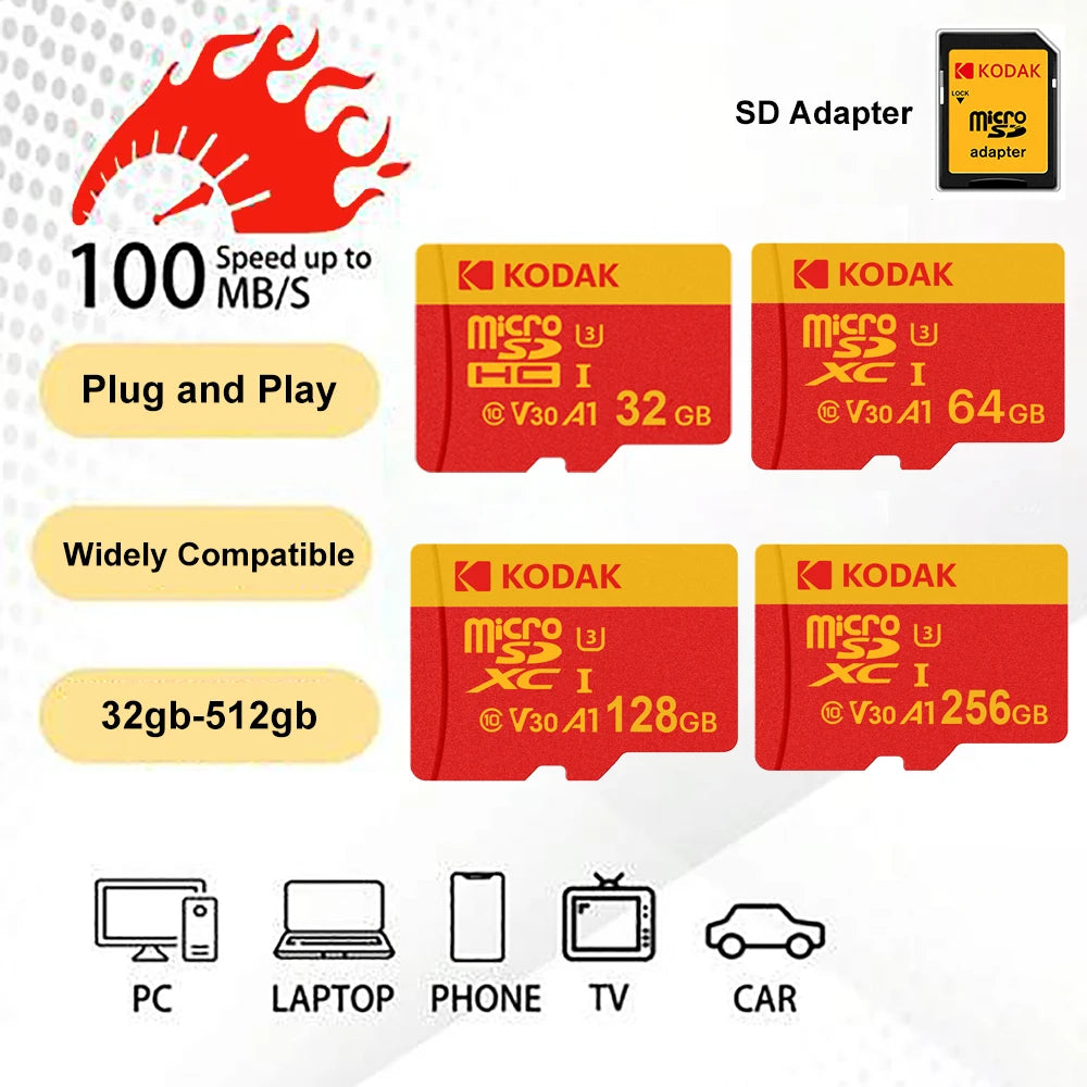 KODAK Micro SD Card Memory Card Class 10 256GB 128GB 64GB U3 4K High Speed Cartao De Memoria TF Mecard C10 Flash Memory