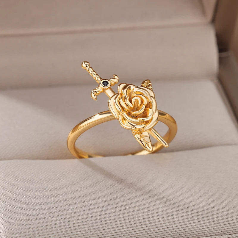 Vintage Rose Flower Sword Pendants Rings For Women Stainless Steel Romantic Flower Finger Couple Ring Wedding Jewelry Gift 2025