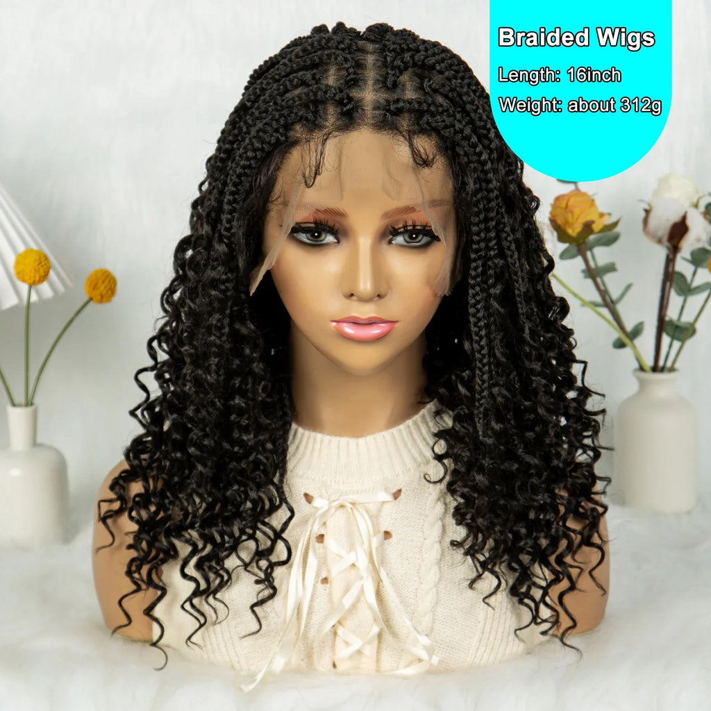 Kima Short Bohemian Box Braids Braided Wig Full Lace Boho Braided Wigs Synthetic Curly Hair with Baby Hair for Black Women, Color - 1B