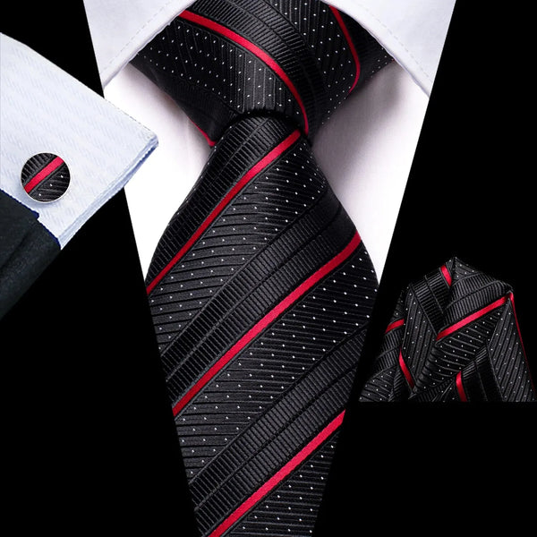 Hi-Tie Striped Black Red Gold Green Silk Wedding Tie For Men Handky Cufflink Gift Men Necktie Fashion Designer Business Party