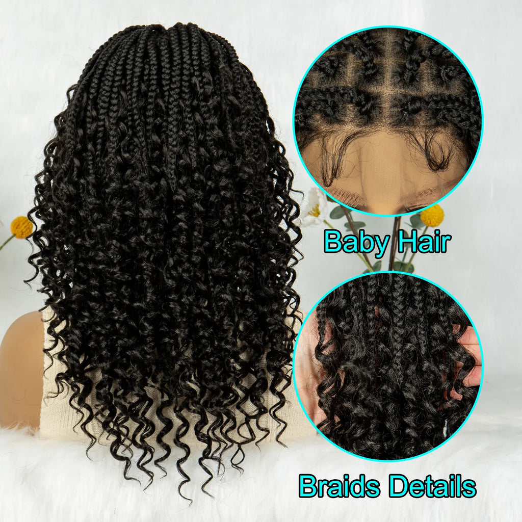 Kima Short Bohemian Box Braids Braided Wig Full Lace Boho Braided Wigs Synthetic Curly Hair with Baby Hair for Black Women, Color - 1B30