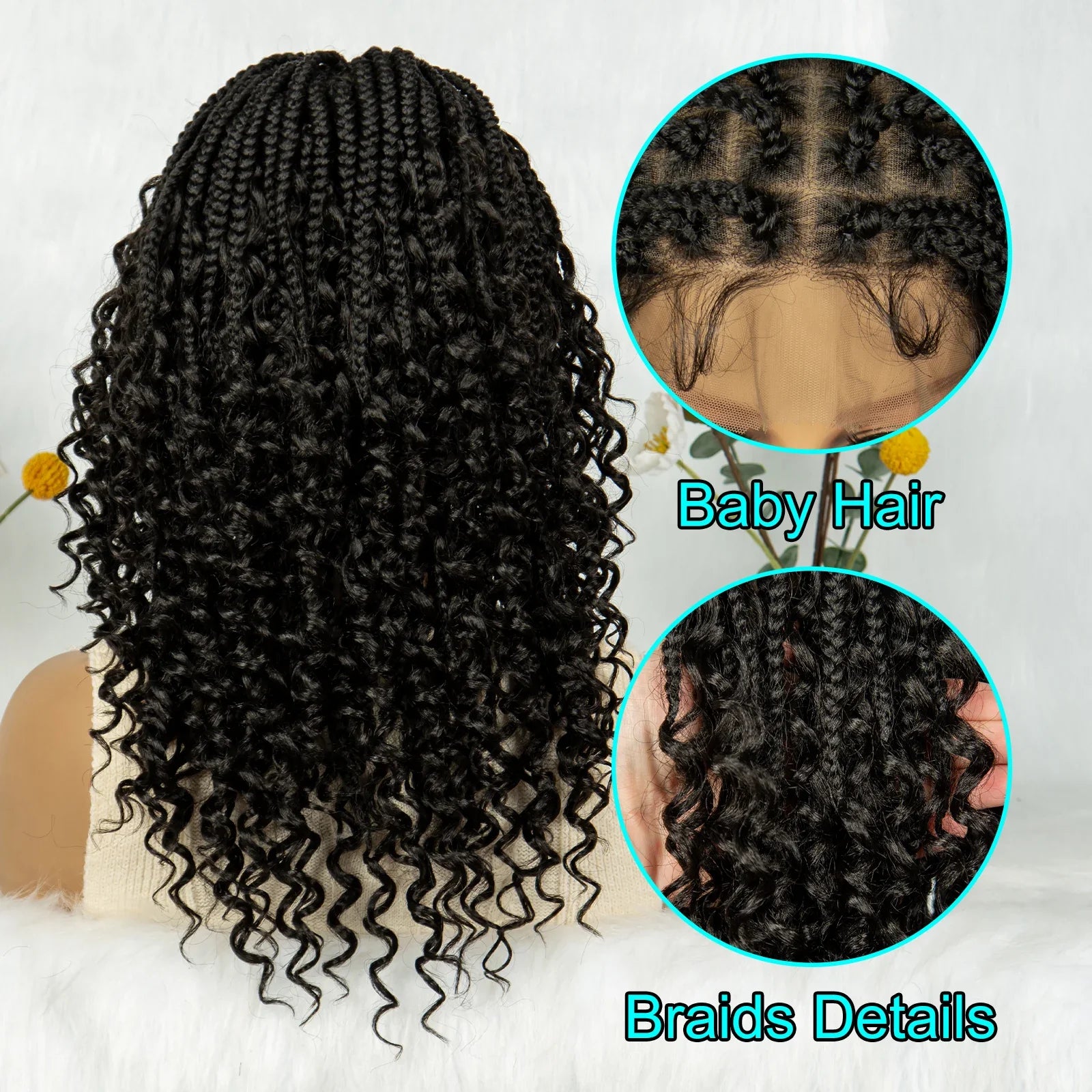 Kima Short Bohemian Box Braids Braided Wig Full Lace Boho Braided Wigs Synthetic Curly Hair with Baby Hair for Black Women, Color - 1B