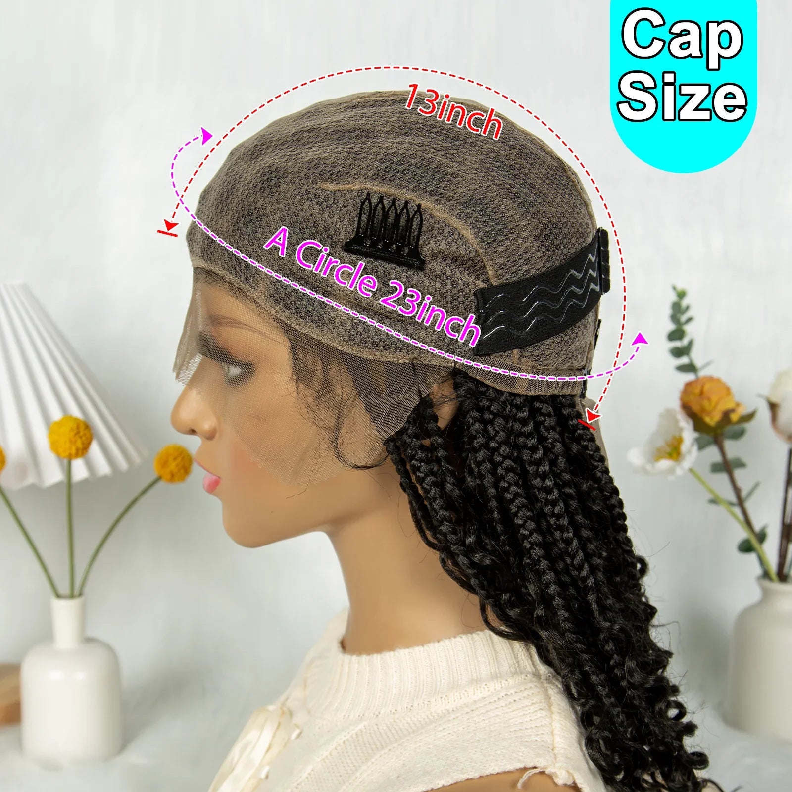 Kima Short Bohemian Box Braids Braided Wig Full Lace Boho Braided Wigs Synthetic Curly Hair with Baby Hair for Black Women, Color - 1B