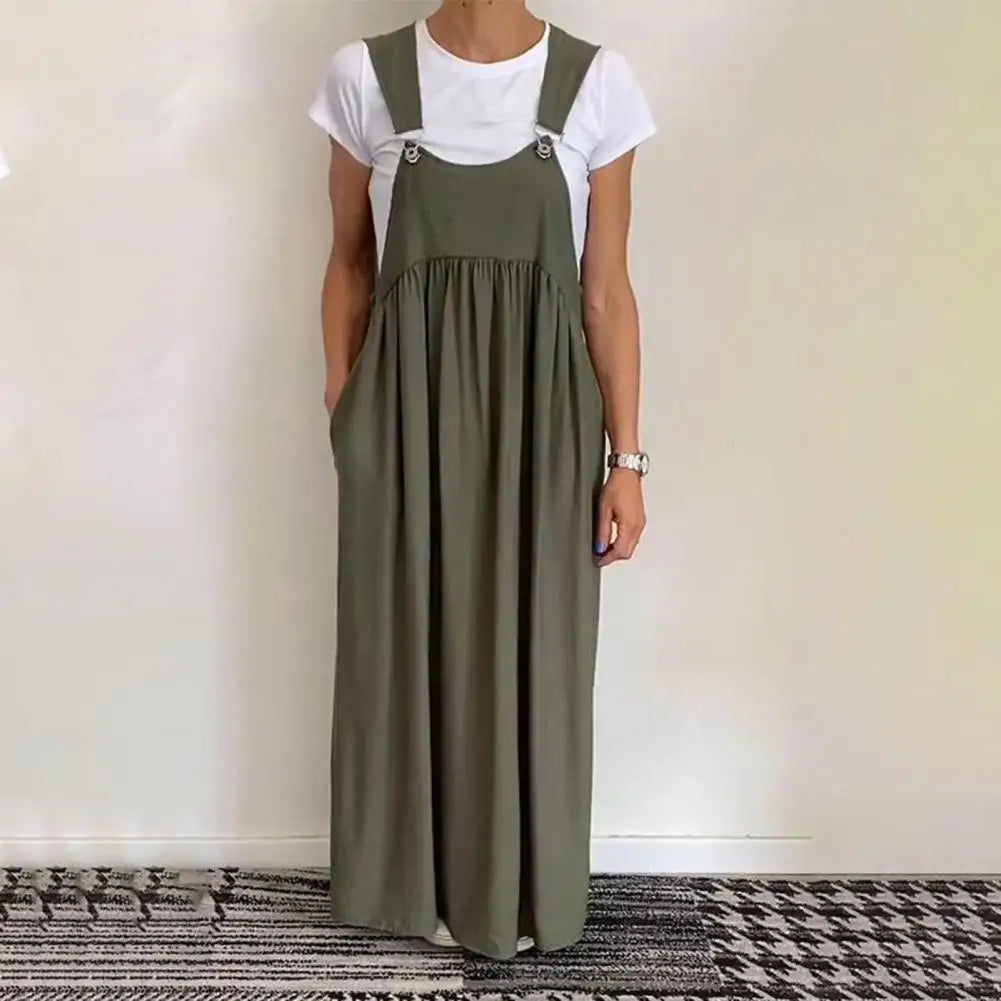 Oversized Shoulder Strap Design Dress Pleated Detail Long Dress Elegant Maxi Dress with Oversized Collar Backless for Women