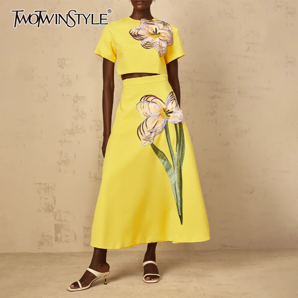 TWOTWINSTYLE Solid Two Piece Set for Women Round Neck Short Sleeves Split Top High Waist Skirt Elegant Sets Female Clothing
