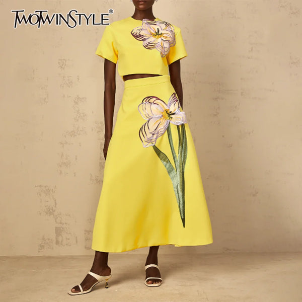TWOTWINSTYLE Solid Two Piece Set for Women Round Neck Short Sleeves Split Top High Waist Skirt Elegant Sets Female Clothing