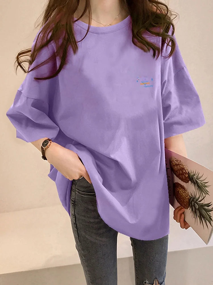 Loose Women's Mid-Length Half-Sleeve T-Shirt Student Sle Summer New Fashion Versatile Korean round Neck Print Casual Top