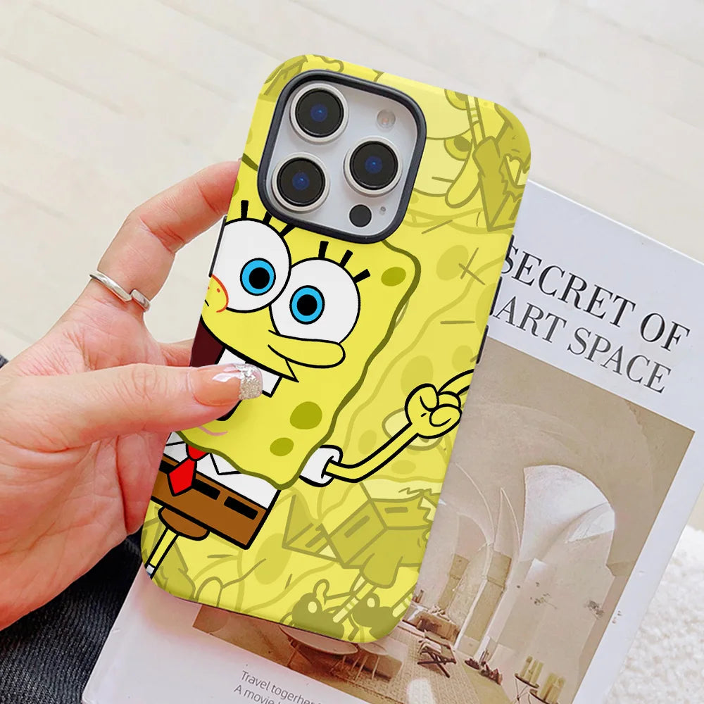 Funny Cute S-SpongeBobs Phone Case for iPhone 16 15 14 13 12 11 Pro Max Plus Luxury Magnetic Double-layer Back Cover