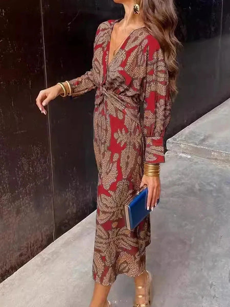 Spring Summer Fashion Streetwear Printed Dress Women Elegant Slim Midi Retro Printed V Neck Long Sleeved Slim Dress Women