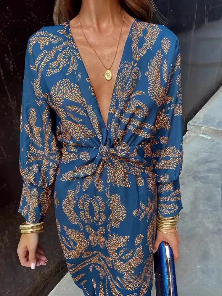 Spring Summer Fashion Streetwear Printed Dress Women Elegant Slim Midi Retro Printed V Neck Long Sleeved Slim Dress Women