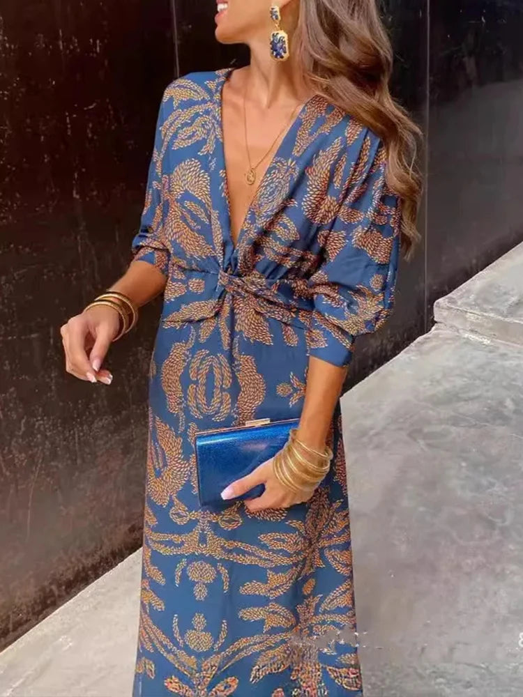Spring Summer Fashion Streetwear Printed Dress Women Elegant Slim Midi Retro Printed V Neck Long Sleeved Slim Dress Women