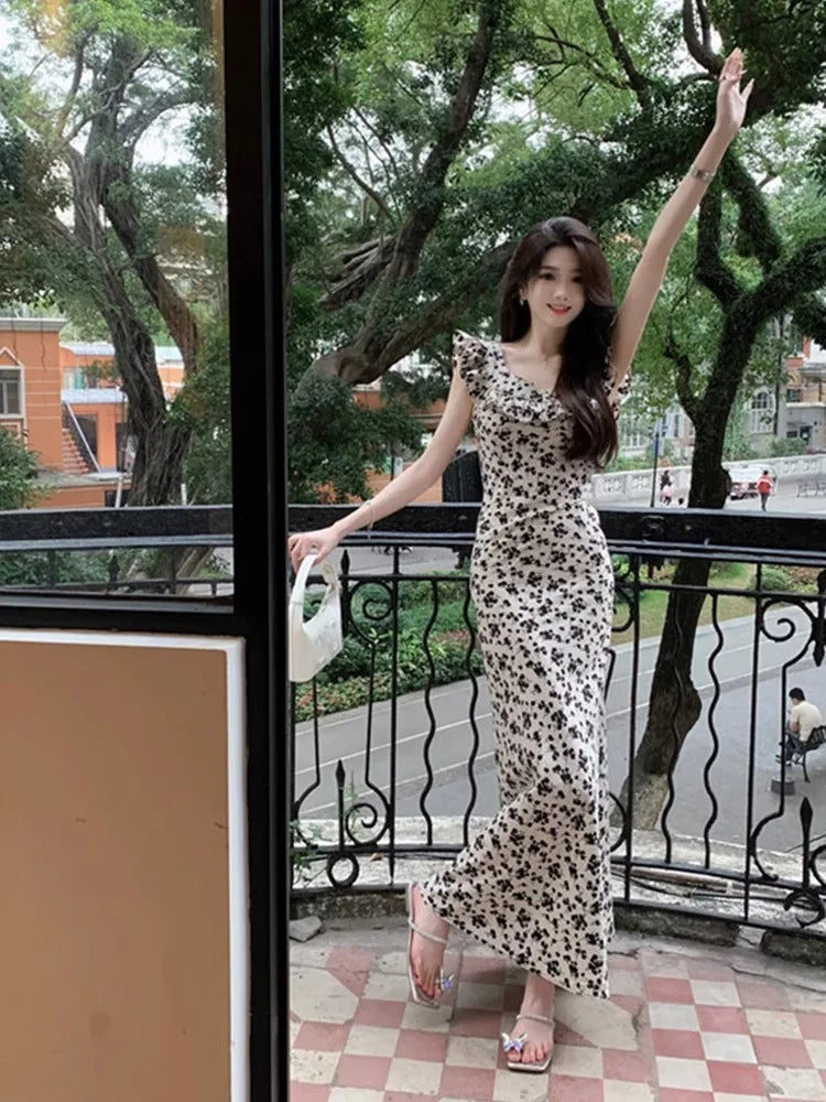 Sweet Printing Midi Dresses for Women Flying Sleeve Japan Girls Cute Floral Vintage Ruffles Beach Maxi Bodycon Dress Summer 2023