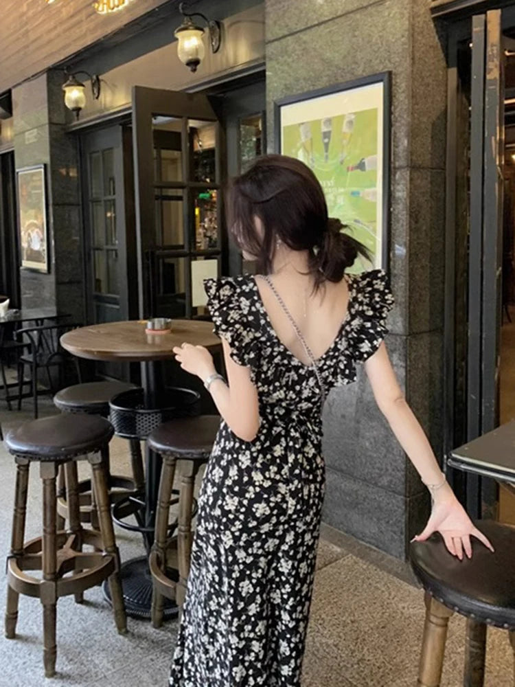 Sweet Printing Midi Dresses for Women Flying Sleeve Japan Girls Cute Floral Vintage Ruffles Beach Maxi Bodycon Dress Summer 2023