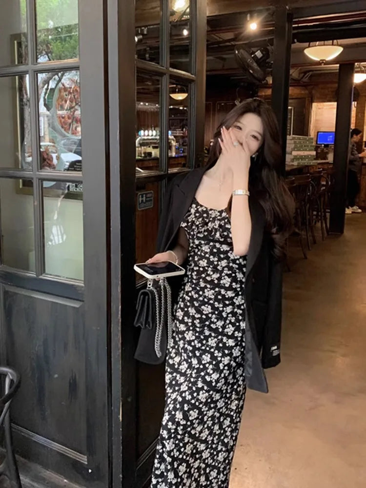 Sweet Printing Midi Dresses for Women Flying Sleeve Japan Girls Cute Floral Vintage Ruffles Beach Maxi Bodycon Dress Summer 2023