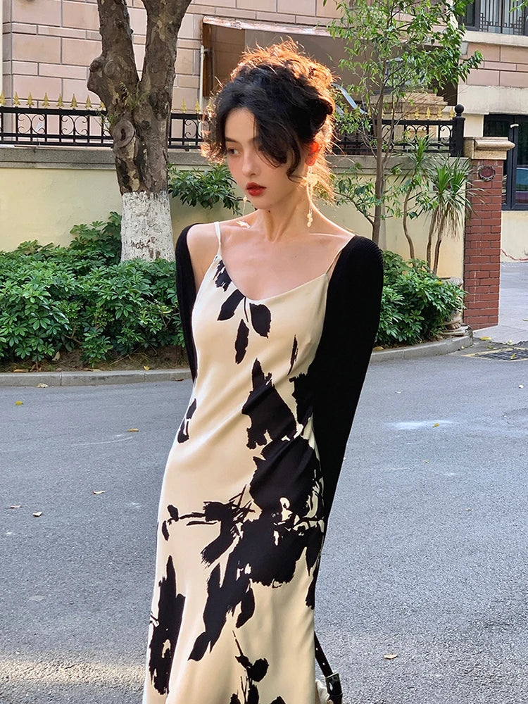 Vestido Midi Vintage de tirantes finos para mujer, traje de una pieza con estampado elegante, estilo coreano, para fiesta y graduación, 2022