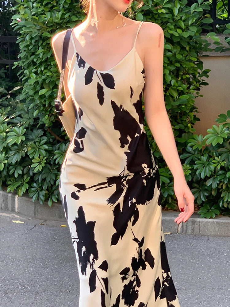 Vestido Midi Vintage de tirantes finos para mujer, traje de una pieza con estampado elegante, estilo coreano, para fiesta y graduación, 2022